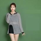 Set: Plain Bikini Top + Bottom + Long-sleeve Striped Top