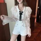 Long-sleeve Lace Shirt / Tweed Wide-leg Shorts