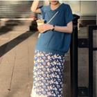 Short-sleeve Polo Shirt / Floral Print Midi Straight-fit Split Skirt
