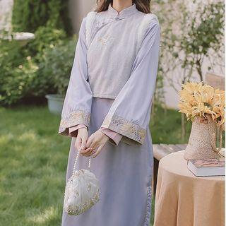 Mandarin Collar Vest / Midi A-line Dress / Set
