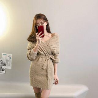 Surplice-neck Knit Minidress With Sash