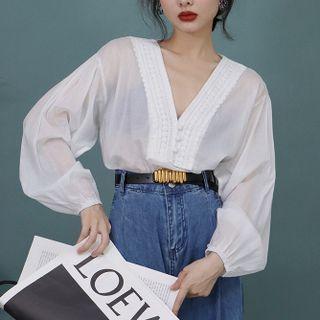 Long-sleeve V-neck Lace Flower Trim Shirt