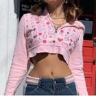 Heart Print Zip-up Cropped Hoodie