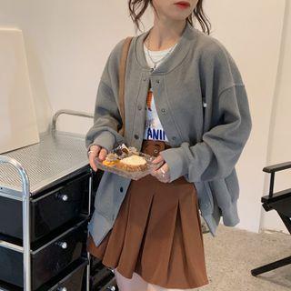 Plain Loose-fit Baseball Jacket Gray - One Size