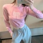 Bow Print Cropped Sweater Pink - One Size