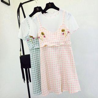 Set: Short-sleeve T-shirt + Embroidered Spaghetti Strap Dress