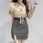 Spaghetti Strap Cross Strap Mini Sheath Dress / Short-sleeve Drawstring Cropped Blouse