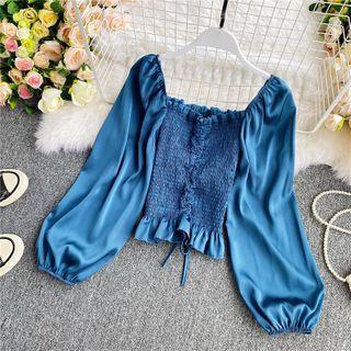 Square-neck Drawstring Smocked Blouse
