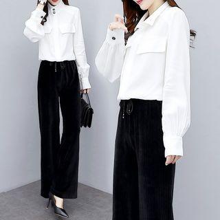 Set: Plain Blouse + Drawstring Wide-leg Pants