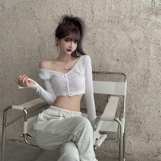 V Neck Plain Long-sleeve Top / High Waist Pants