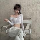 V Neck Plain Long-sleeve Top / High Waist Pants