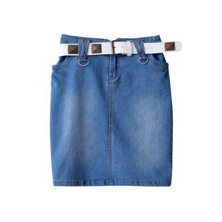 Washed Denim Skirt With Studded Belt
