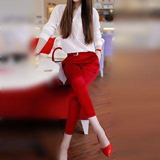 Set: Plain V-neck Blouse + Cropped Pants