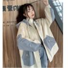 Color Panel Hooded Snap Button Jacket Blue & White - One Size