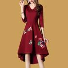 V-neck Embroidered 3/4-sleeve A-line Dress