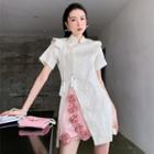 Elbow-sleeve Flower Applique Mini A-line Dress