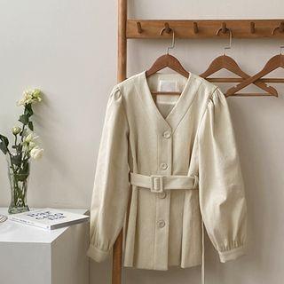 V-neck Puff-sleeve Jacket With Belt Cream - One Size