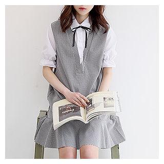 Inset Blouse Gingham Dress With Tie