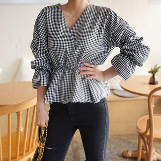 Wrap-front Gingham Peplum Top
