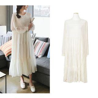 Plain Long-sleeve Loose-fit Chiffon Dress