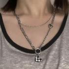 Checker Print Heart Necklace Silver & Black & White - One Size