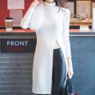 Mock Neck Long-sleeve Slit T-shirt / Faux Leather Leggings