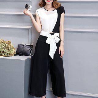 Set: Color Block Short-sleeve Top + Wide Leg Pants