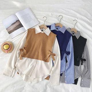 Set: Plain Striped Long-sleeve Blouse + Ribbon Lace-up Knit Vest
