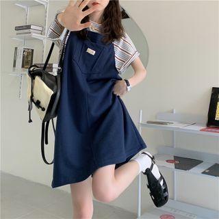 Short-sleeve Striped T-shirt / Applique Mini Overall Dress