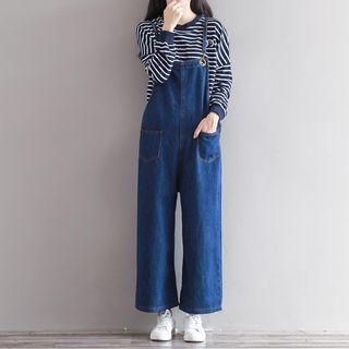 Striped Long-sleeve T-shirt / Wide-leg Denim Jumper Pants
