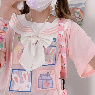 Short-sleeve Rabbit Print Sailor Collar T-shirt