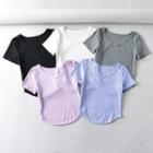 Short Sleeve Plain V-neck Ribbed-knit Crop Top