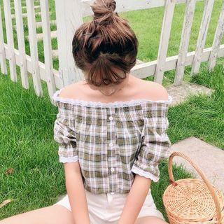 Short-sleeve Off-shoulder Plaid Blouse