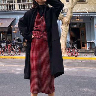 Plaid Button Vest / Plaid Midi A-line Skirt