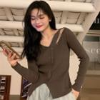 Long-sleeve Asymmetrical Cutout Button-up Knit Top