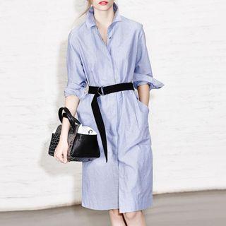 Long Sleeve Plain Shirt Midi Dress With Belt