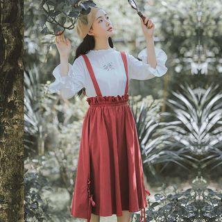 Embroidered Flared-sleeve Blouse / Lace Up Midi Suspender Skirt
