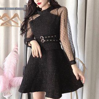Plain Polka Dot Mesh Panel Slim-fit Dress With Belt