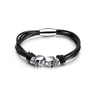 Fashion Personality Skull 316l Stainless Steel Multi-layer Leather Bracelet Silver - One Size