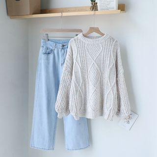 Twist Knit Sweater / Wide Leg Jeans