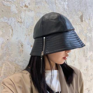 Zip-accent Faux Leather Bucket Hat