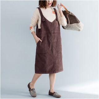 Corduroy V-neck Pinafore Dress Dark Brown - One Size