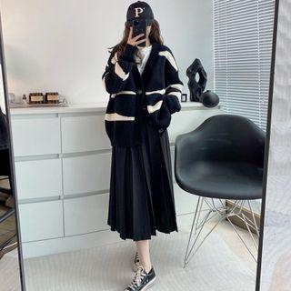 V-neck Striped Cardigan / Pleated Midi Skirt / Set