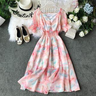 V-neck Tie-dye Chiffon Dress Pink - One Size