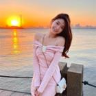 Long-sleeve Cold-shoulder Bow Knit Mini Sheath Dress Pink - One Size