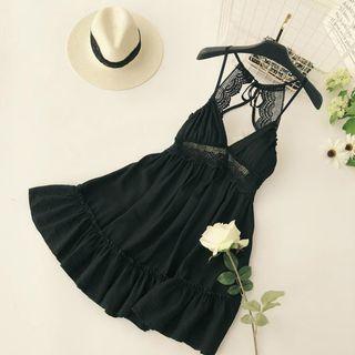 Spaghetti Strap Lace Panel A-line Midi Dress