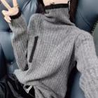 High-neck Long-sleeve Contrast Trim Knit Top