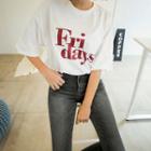 Elbow-sleeve Lettering Loose-fit T-shirt