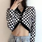 Long-sleeve Asymmetrical Hem Checkerboard Cropped Cardigan