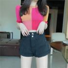 Color Panel Short-sleeve Knit Top / High-waist Shorts